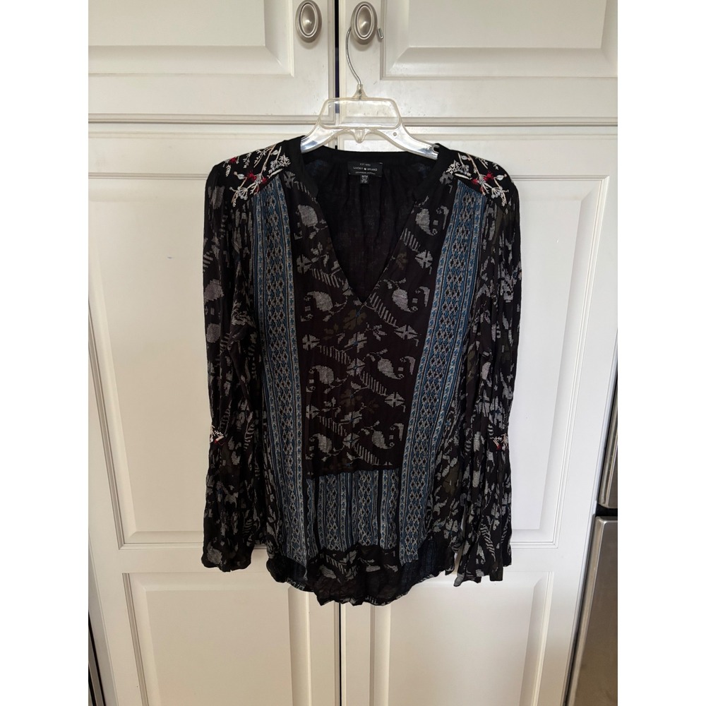 Lucky Brand Womens Black Embroidered Boho V-Neck Bell Sleeve Blouse Top Medium